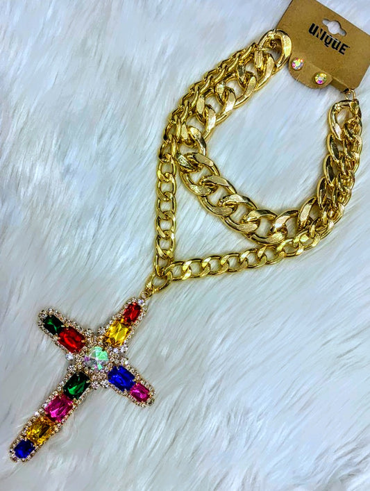 Color Stone Cross Necklace